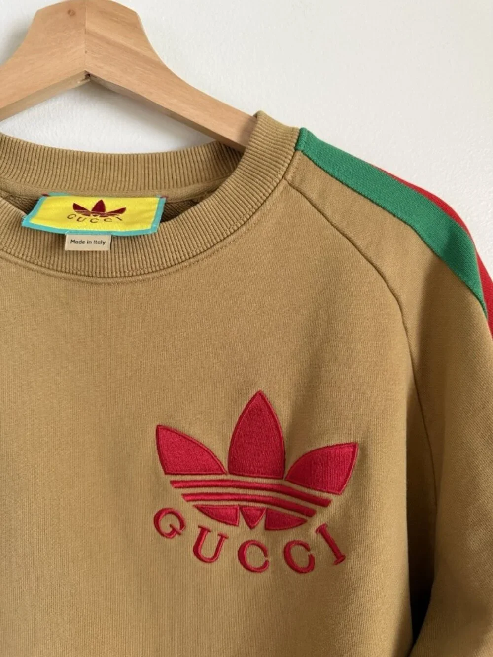 Gucci x Adidas Cotton Jersey Trefoil Sweatshirt Camel Brown Logo Sporty Preppy L